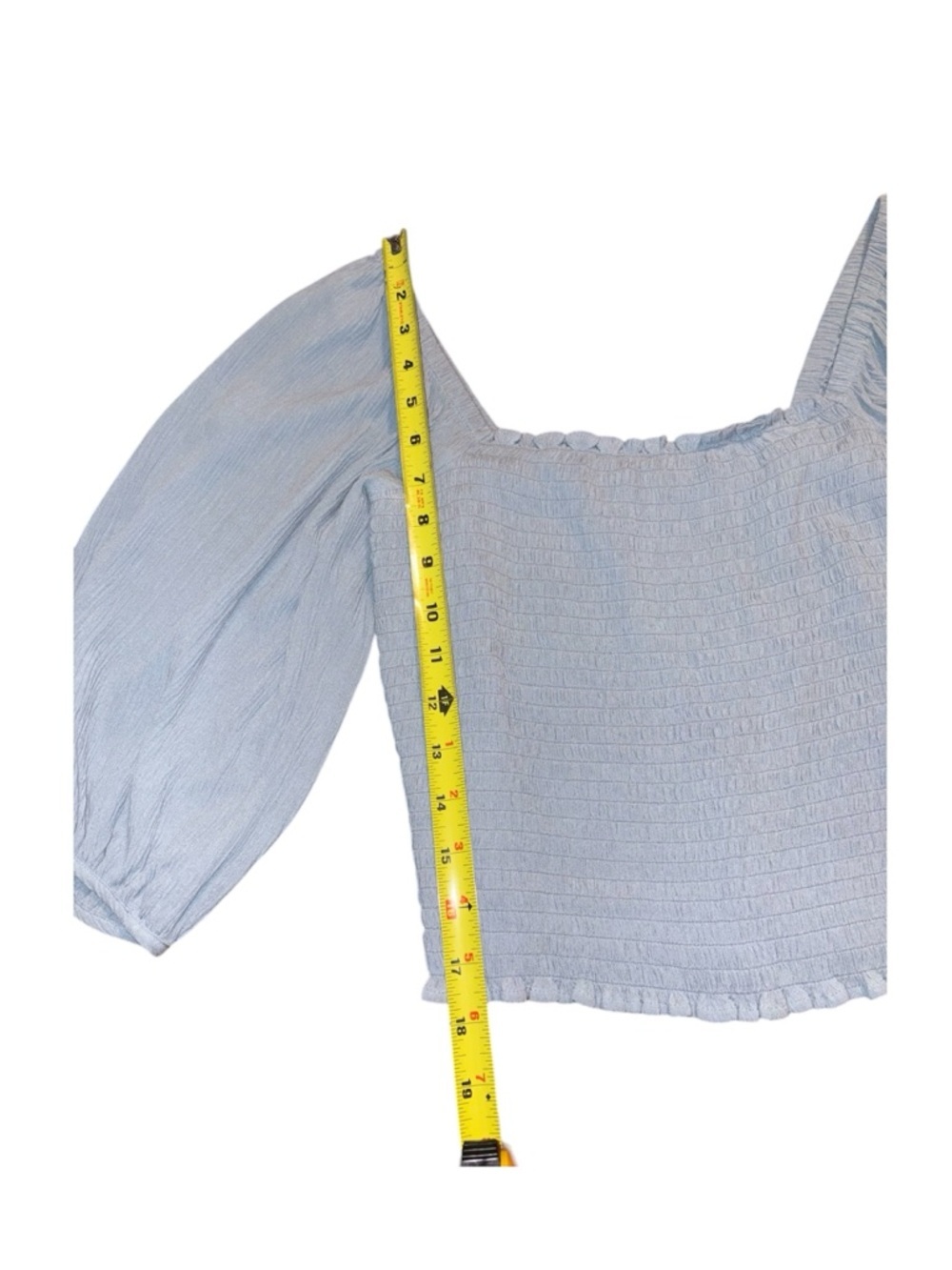1. State Light Blue Coquette Smocked Bodice Crop Top Puff Sleeve Size Small - Picture 10 of 11
